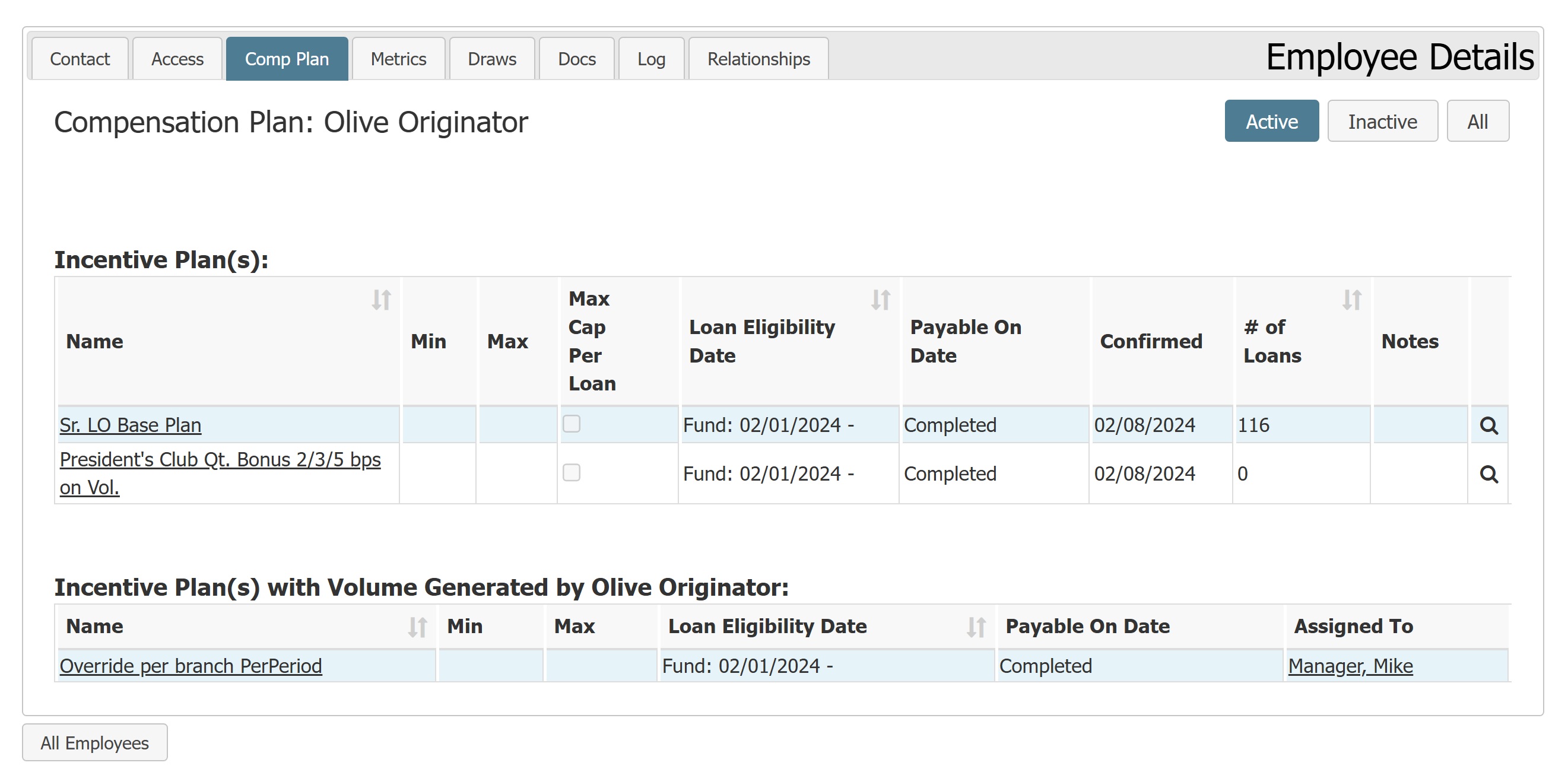 Example Employee Details - Comp Plan tab from a Branch Manager perspective