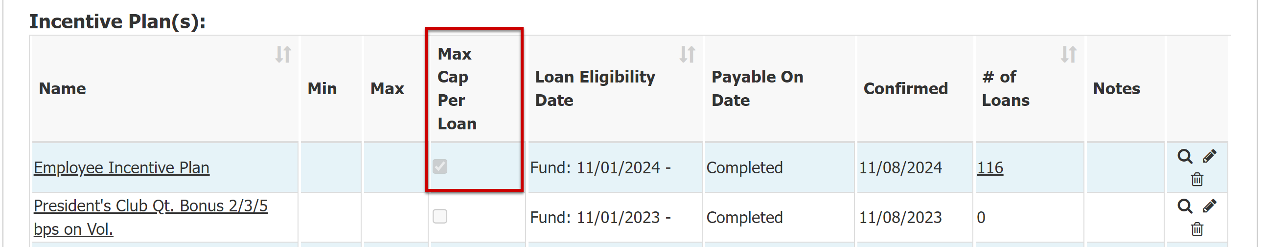 Example employee details comp plan tab. The Max Cap Per Loan column is highlighted.