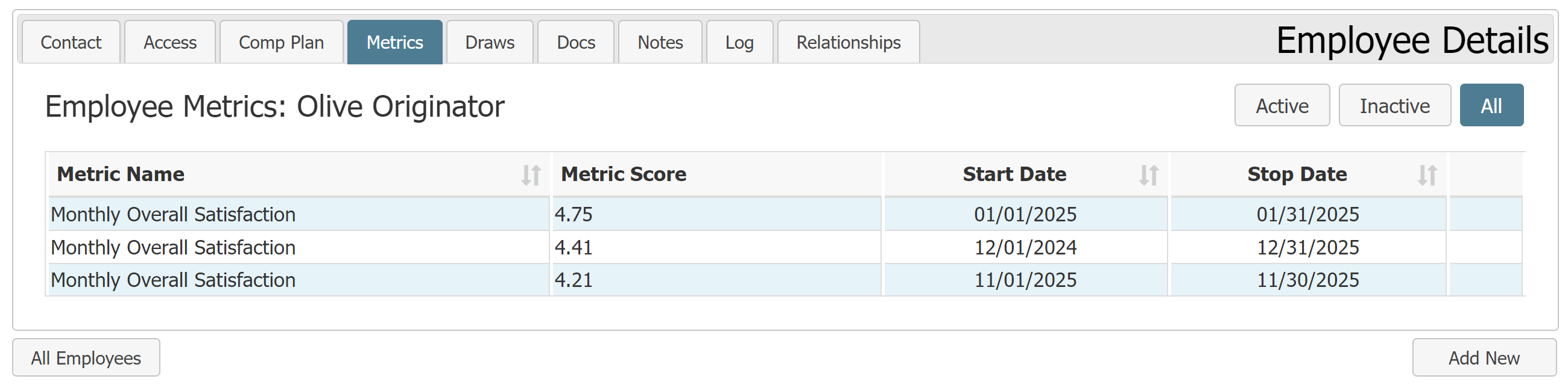 Employee Details - Metrics tab. Description of the contents is below.