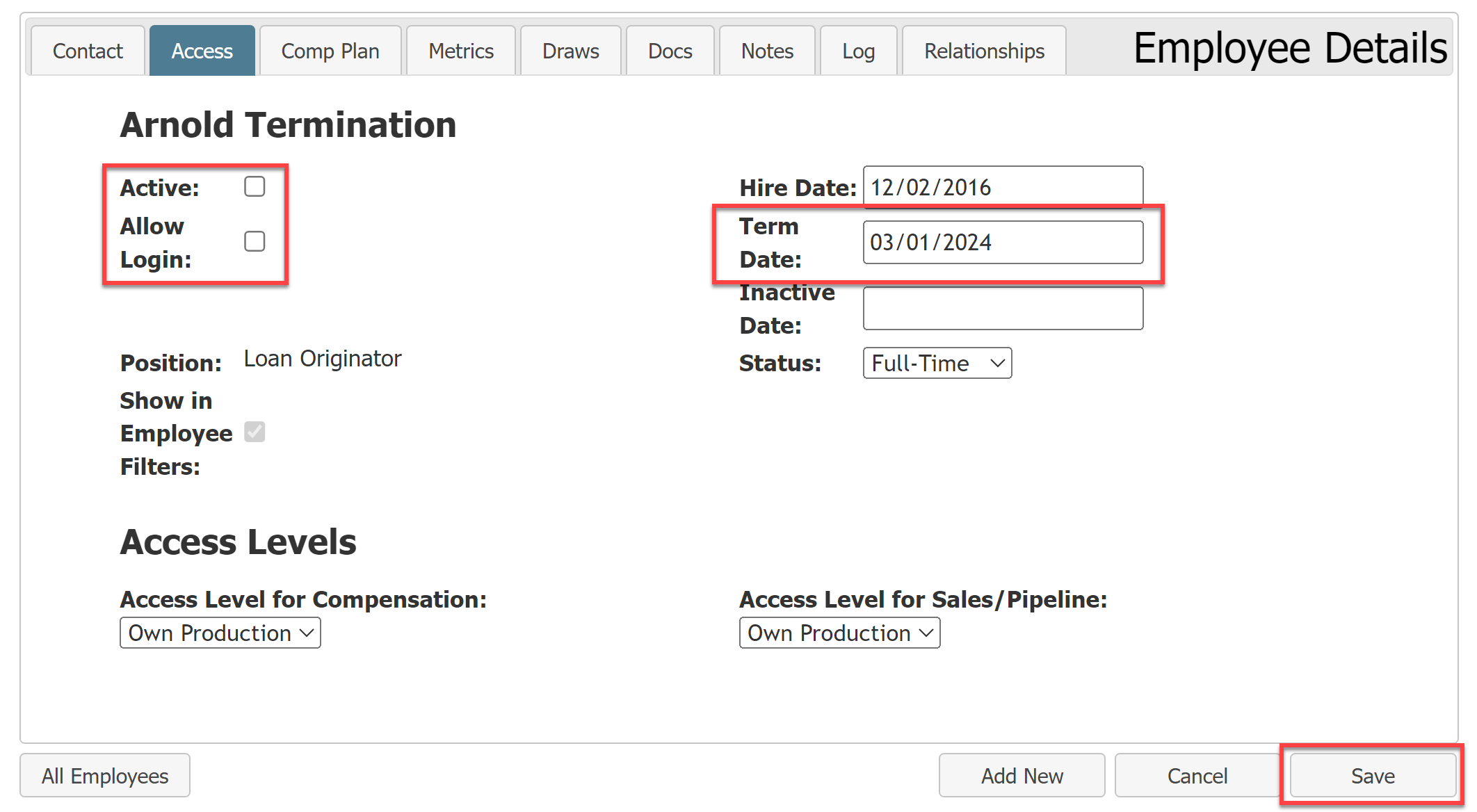 Access tab of the Employee details screen being edited. The Active and Allow Login checkboxes are deselected, the Term Date is entered, and the Save button is highlighted.