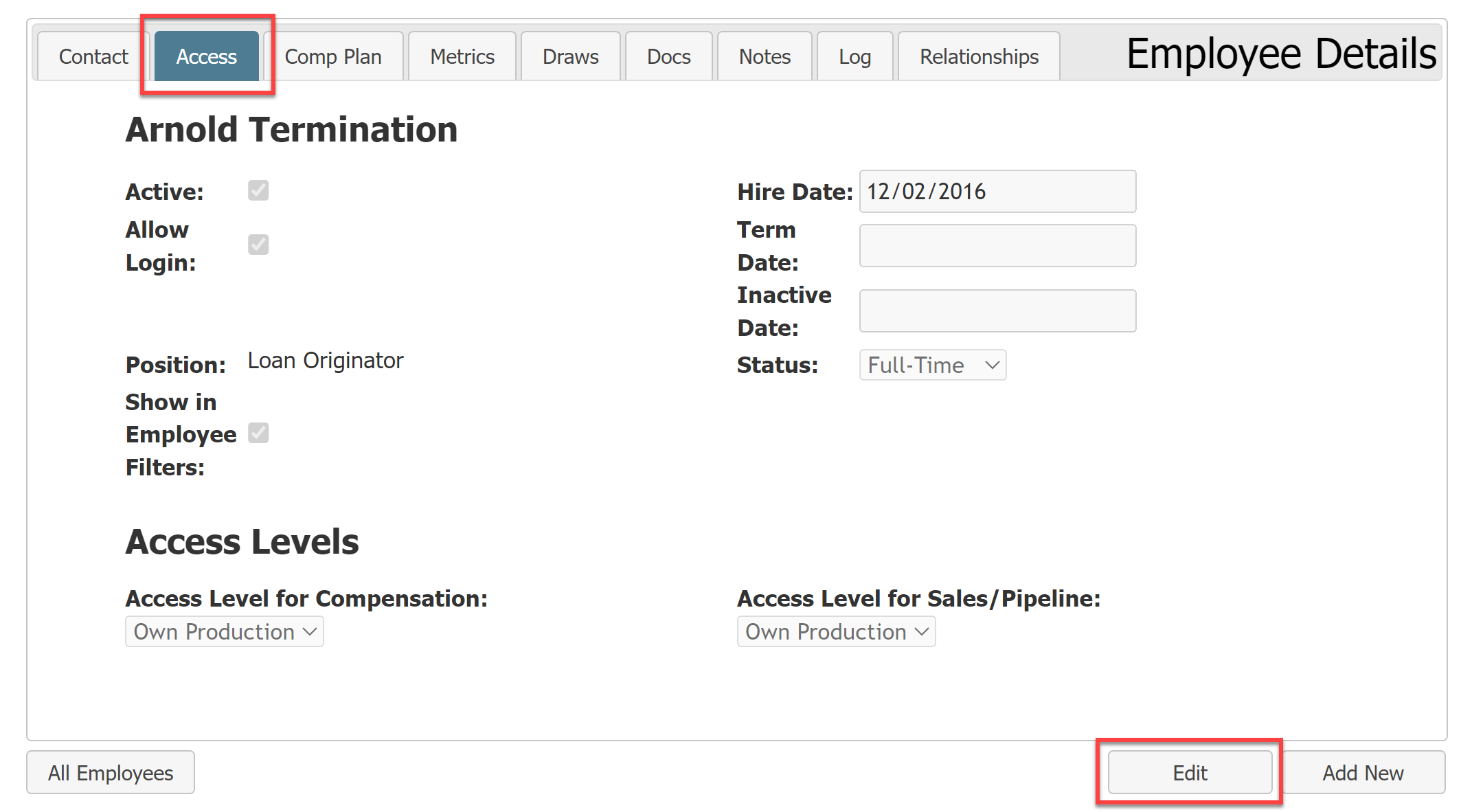 Access tab of an Employee Details page. The Access tab and the Edit button are highlighted.