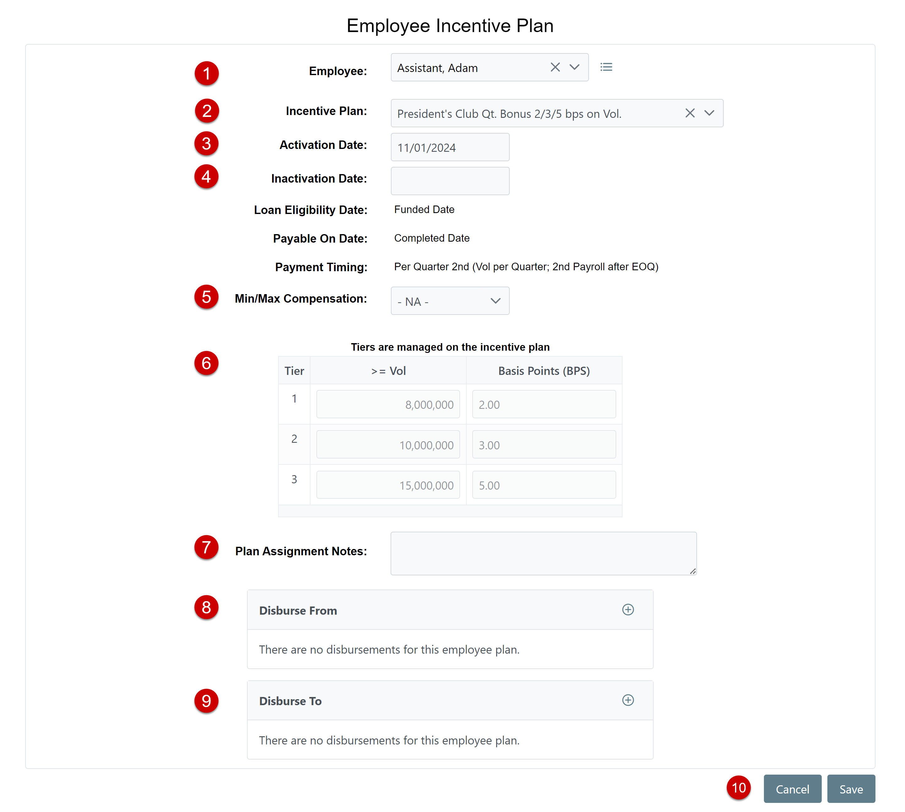 Employee Incentive Plan assignment screen. Items are numbered as described below.