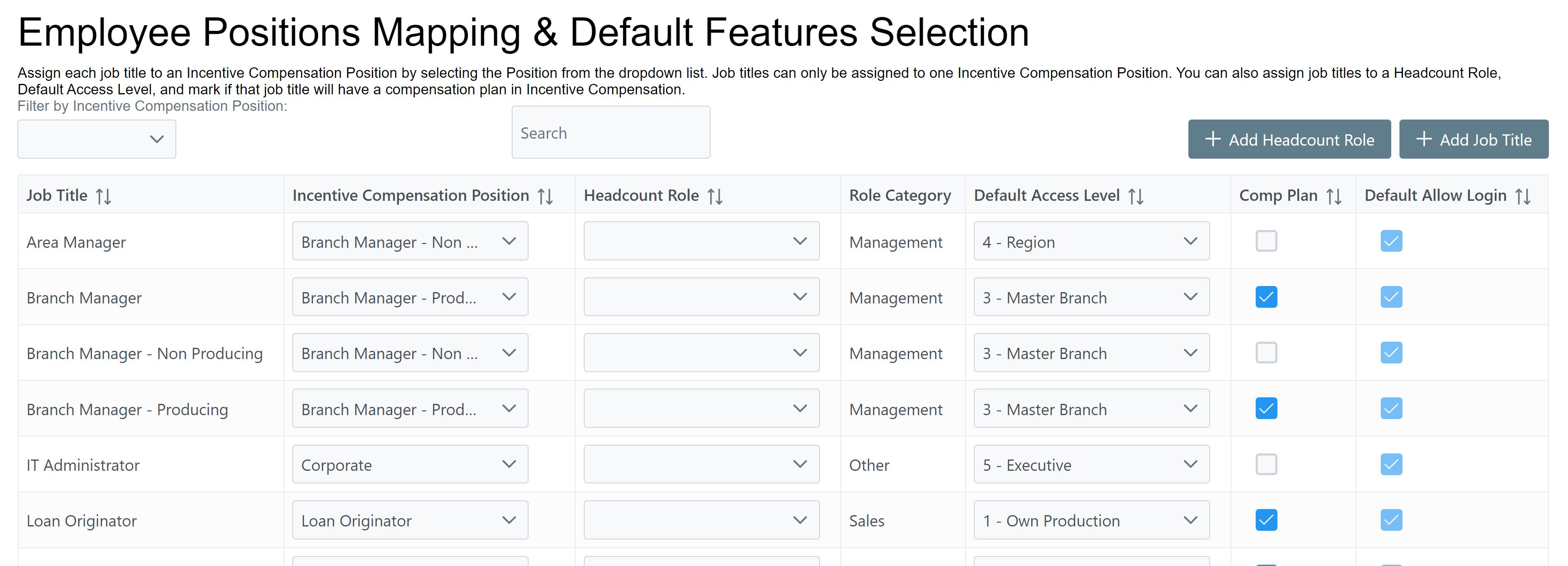 Employee Positions Mapping & Default Features Selection screen with example data.