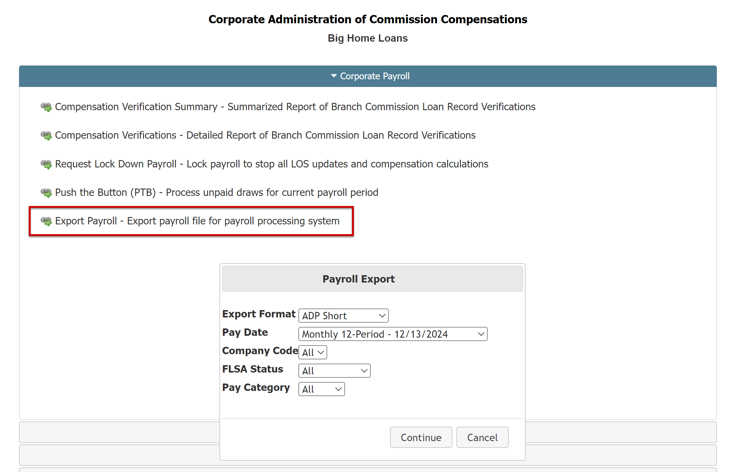 Payroll Export dialogue box. The link to the Payroll Export tool is highlighted above it.
