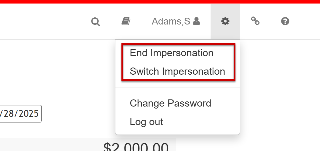 Close up of Gear menu while impersonating an example employee. Two menu options are highlighted: "End Impersonation" and "Switch Impersonation".