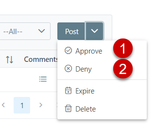 Section of the Held Adjustments Management screen showing the "Post" button, the drop down next to it, and the options available in the dropdown.