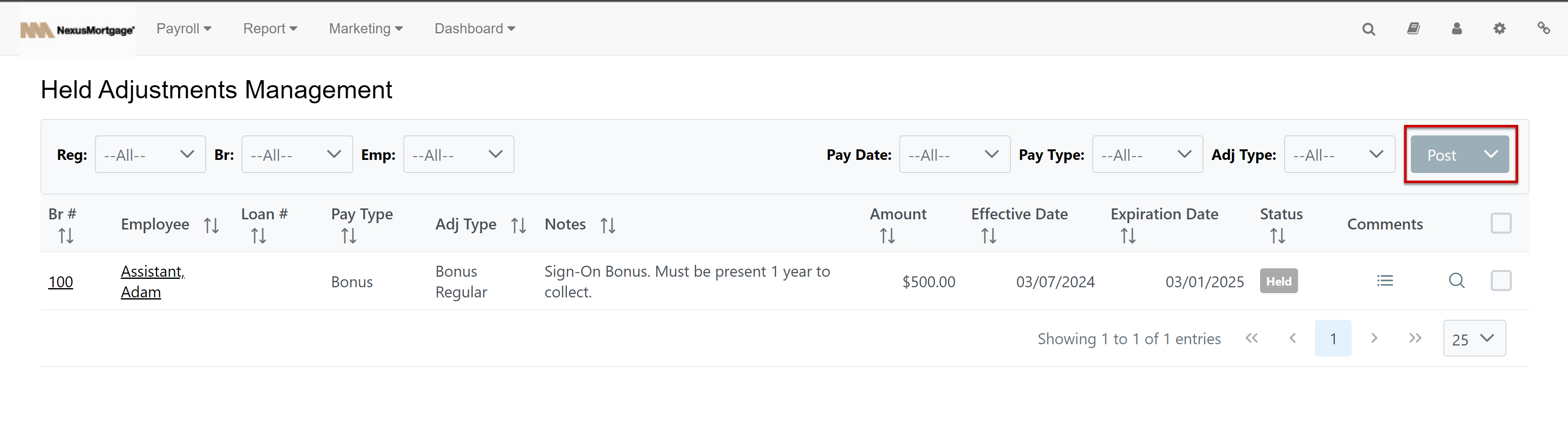 Held Adjustments Management page showing an adjustment with example data.
