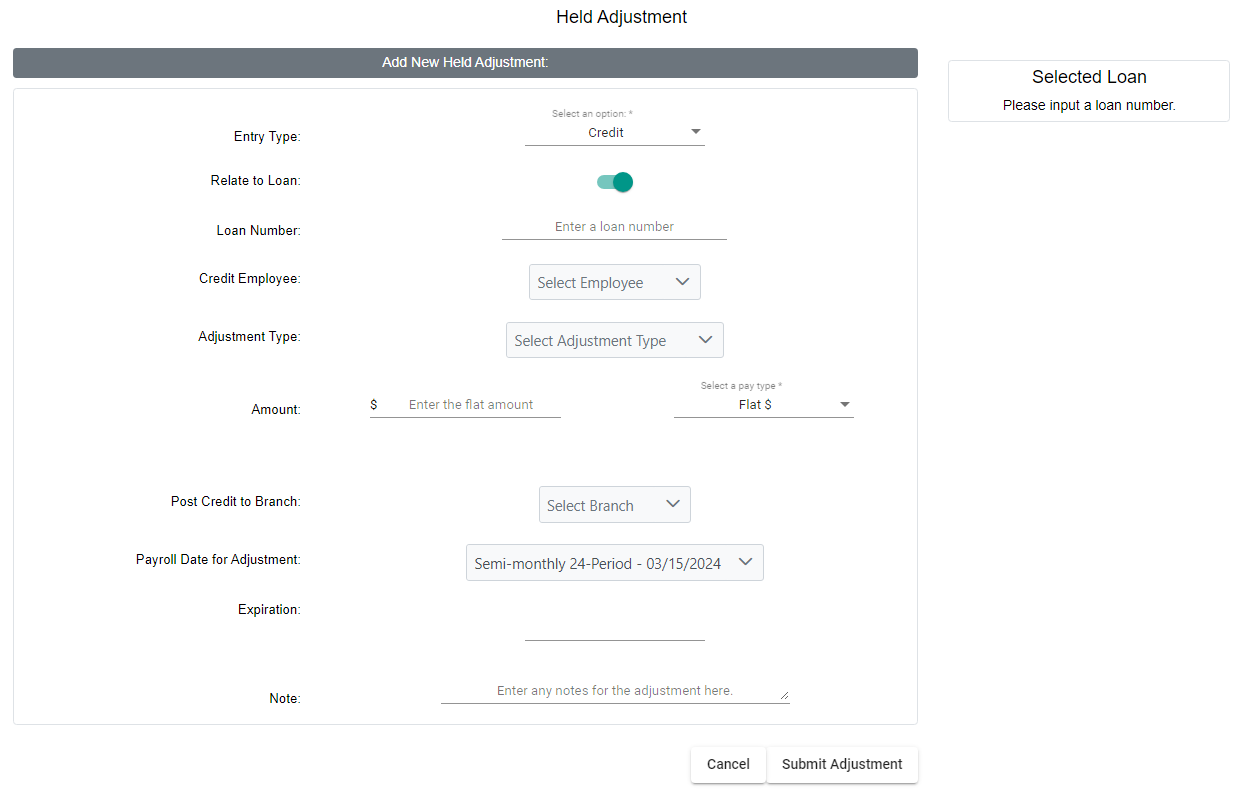 Held Adjustment entry tool with empty fields. The fields available are identical to the fields on the Manual Adjustment tool, with the addition of "Expiration" described above.