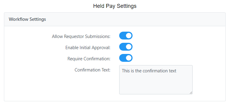 Workflow Settings section of the Held Pay Settings