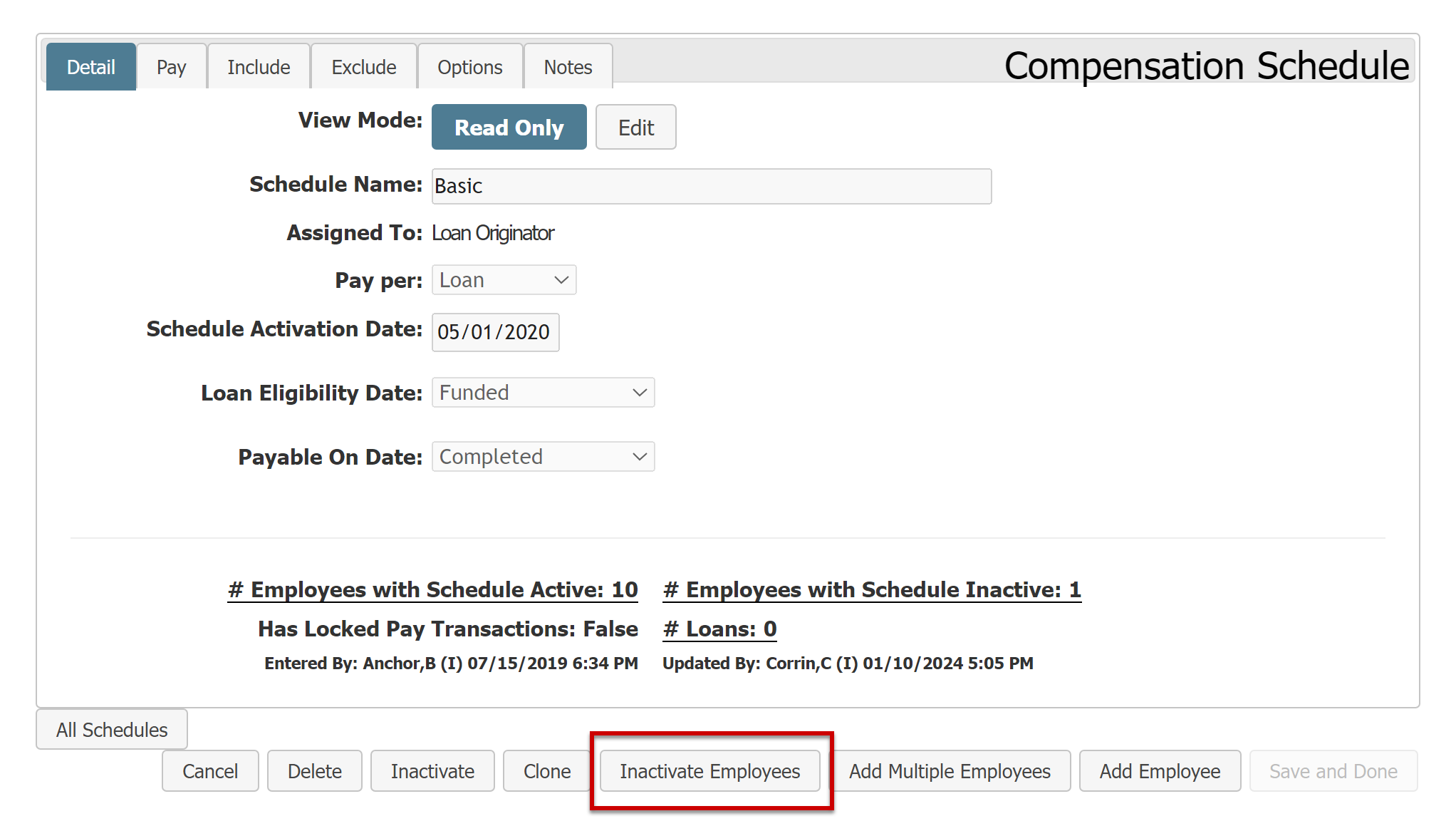 Example Compensation Schedule details page. The Inactivate Employees button is highlighted.