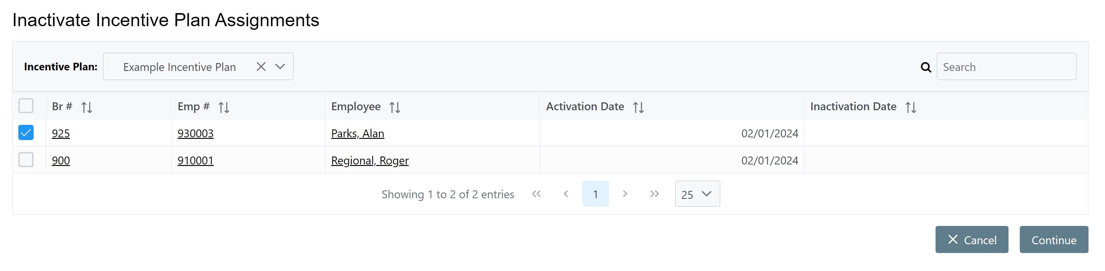 Inactivate Incentive Plan Assignment Tool with example data. The first row is selected.
