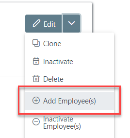 Dropdown menu next to the edit button on an Incentive Plan. The "Add Employee(s)" item is highlighted.