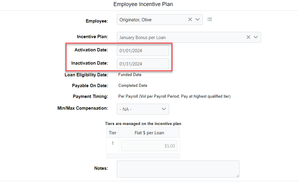 Employee Incentive Plan assignment screen. The Activation Date and Inactivation Date fields are highlighted.