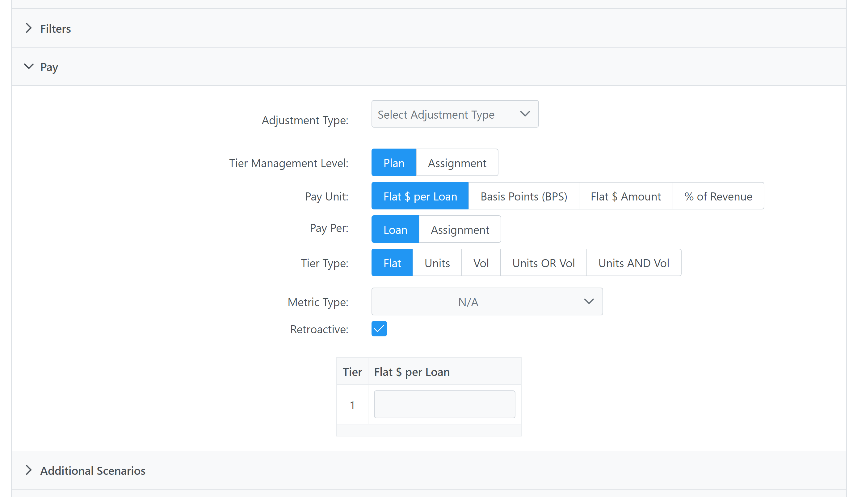 Pay section of the Incentive Plan Builder