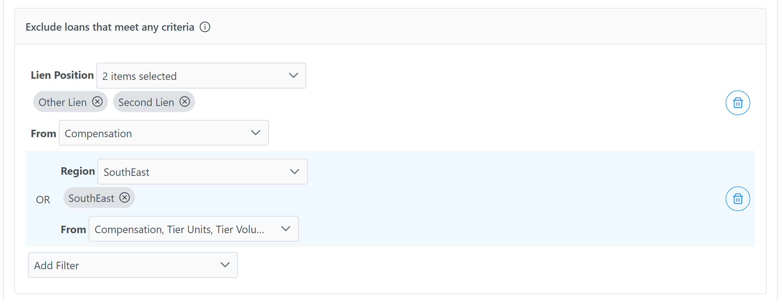 Incentive Plan Filter - Exclude loans that meet any criteria example. The items selected are described below.