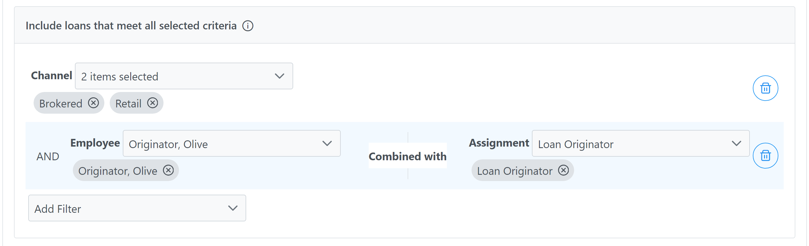 Incentive Plan Filter - Include loans that meet all selected criteria example. The items selected are described below.