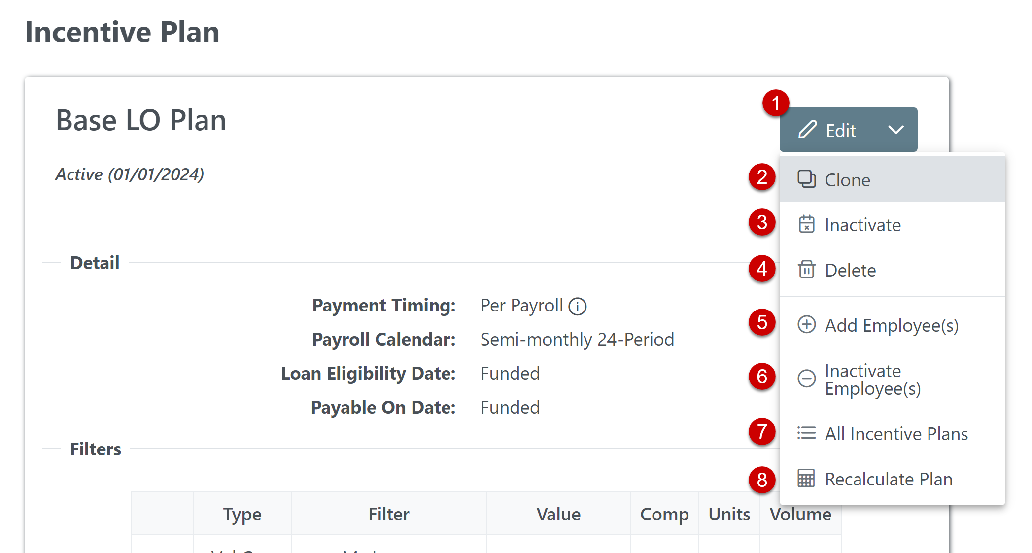 Individual incentive plan page with the edit button visible and its options expanded and numbered.