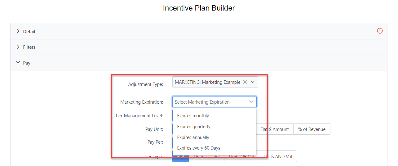Pay tab of the Incentive Plan Builder, with a Marketing adjustment type selected and the Marketing Expiration field highlighted