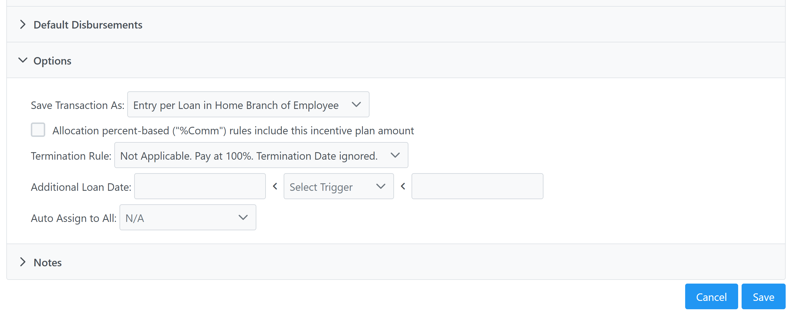 Options section of the Incentive Plan Builder