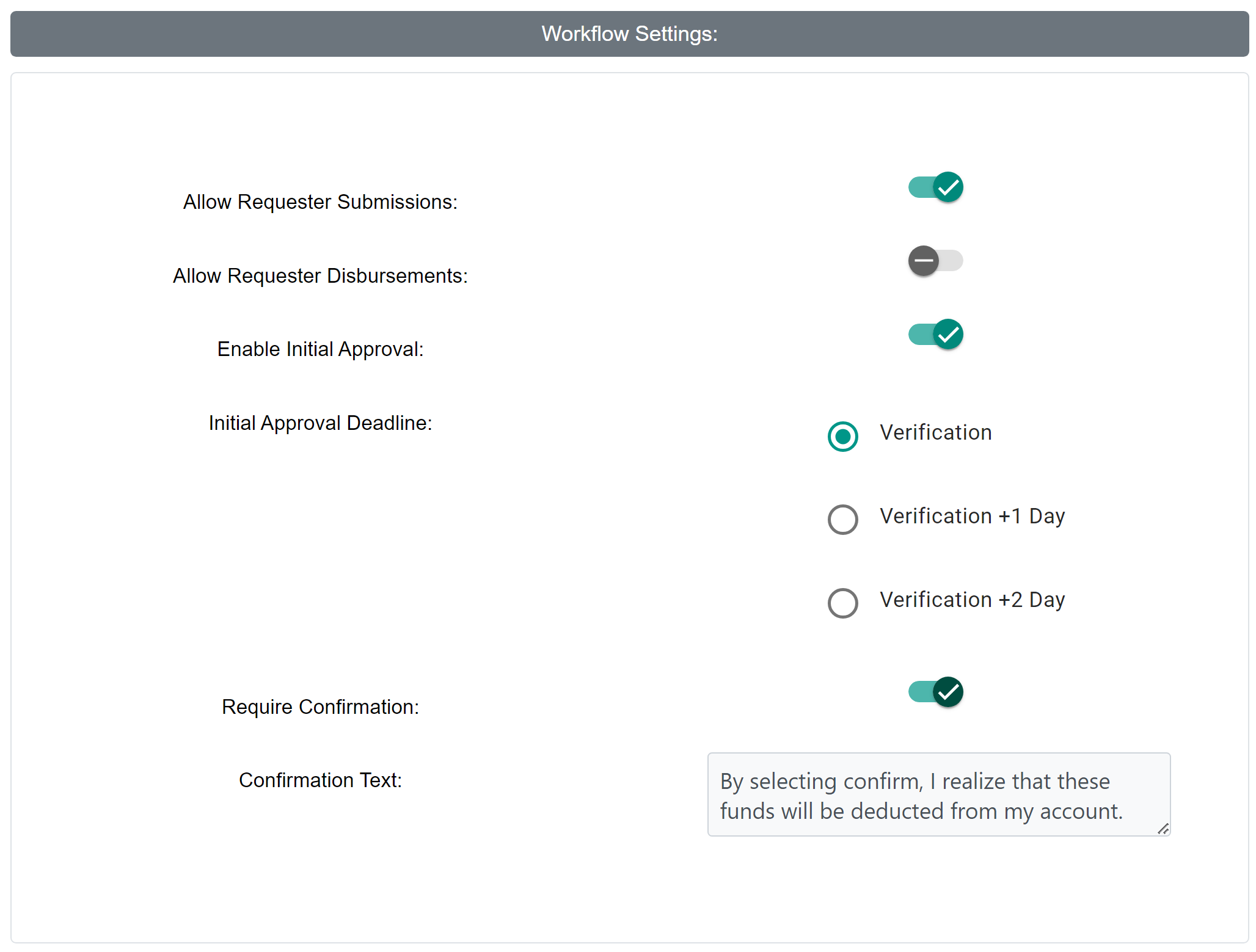 Workflow Settings section of the Manual Disbursement Settings tool. Items within it are described below.