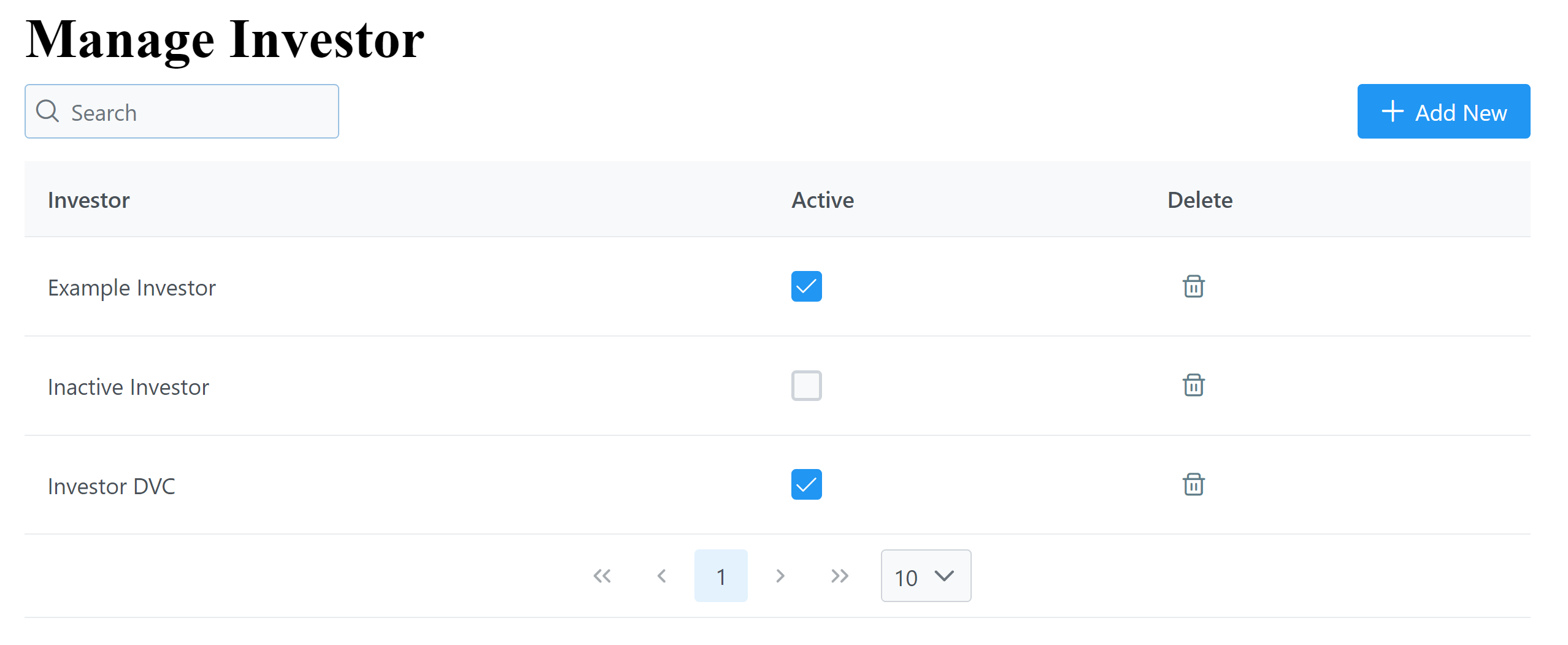 Manage Investor tool with example data.