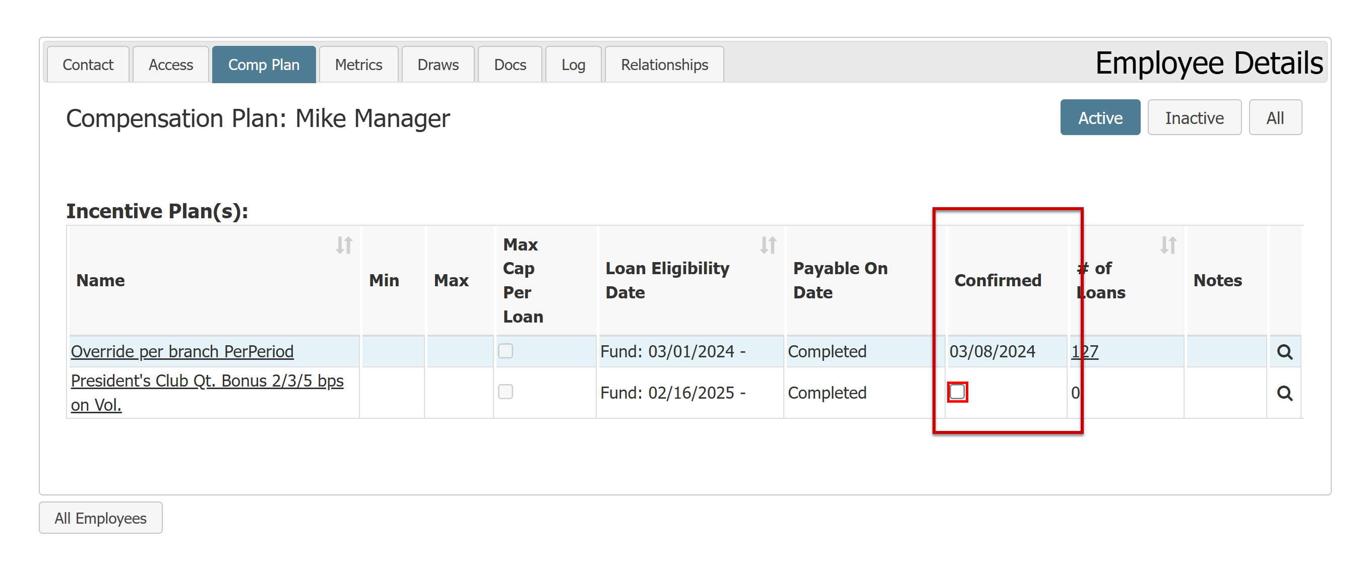 Comp Plan of Mike Manager with the Confirmed column highlighted