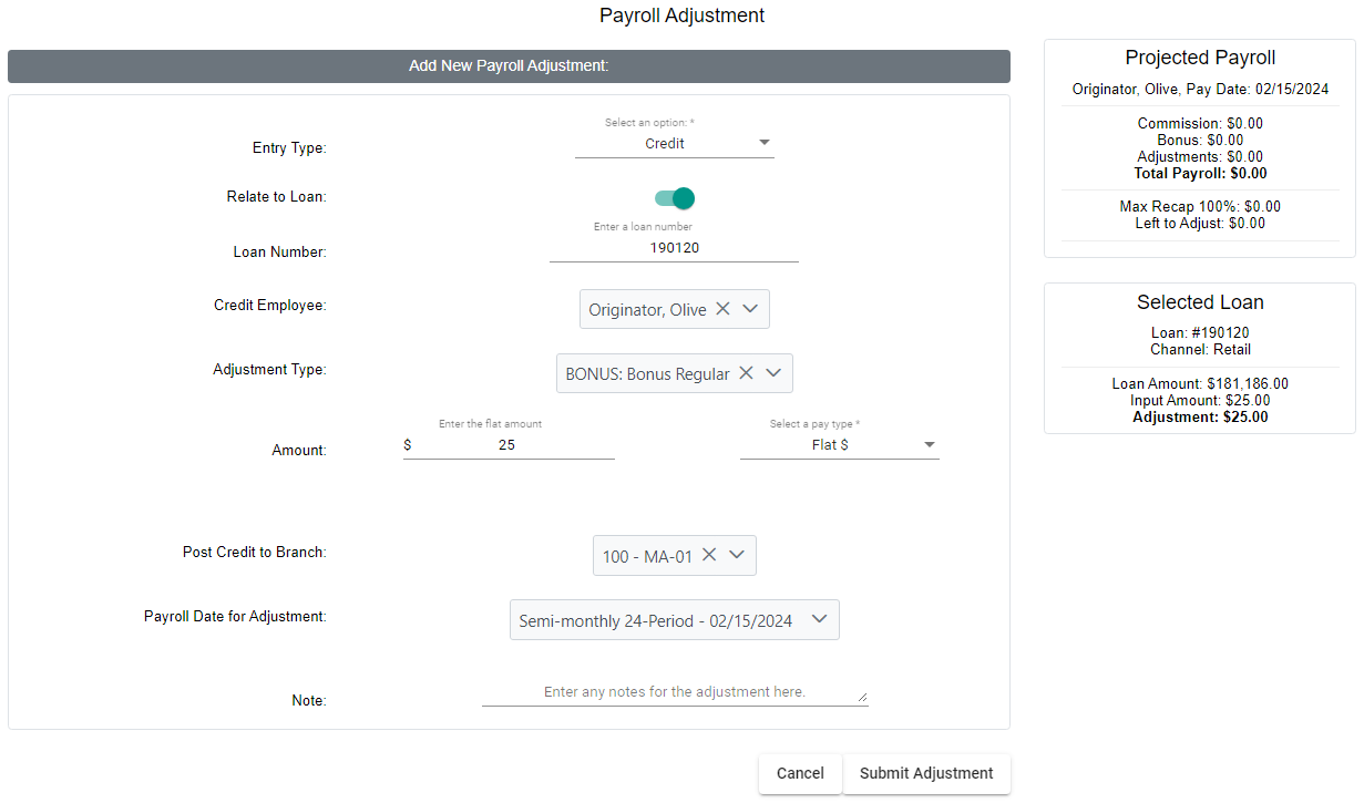Add New Payroll Adjustment screen. Descriptions of the fields are below.