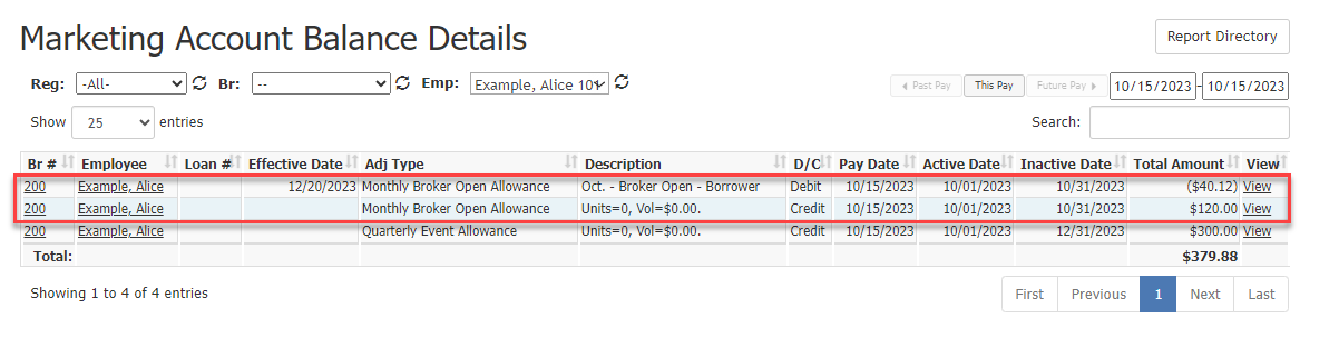 Marketing Account Balance Details report showing a debit and a credit that are grouped together.