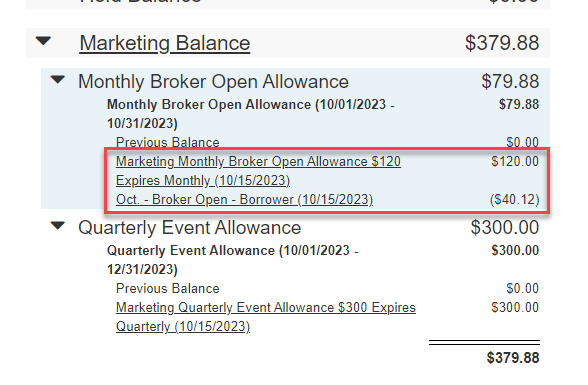 Marketing Balance of the Comp Snapshot expanded, showing a marketing credit and grouped together.