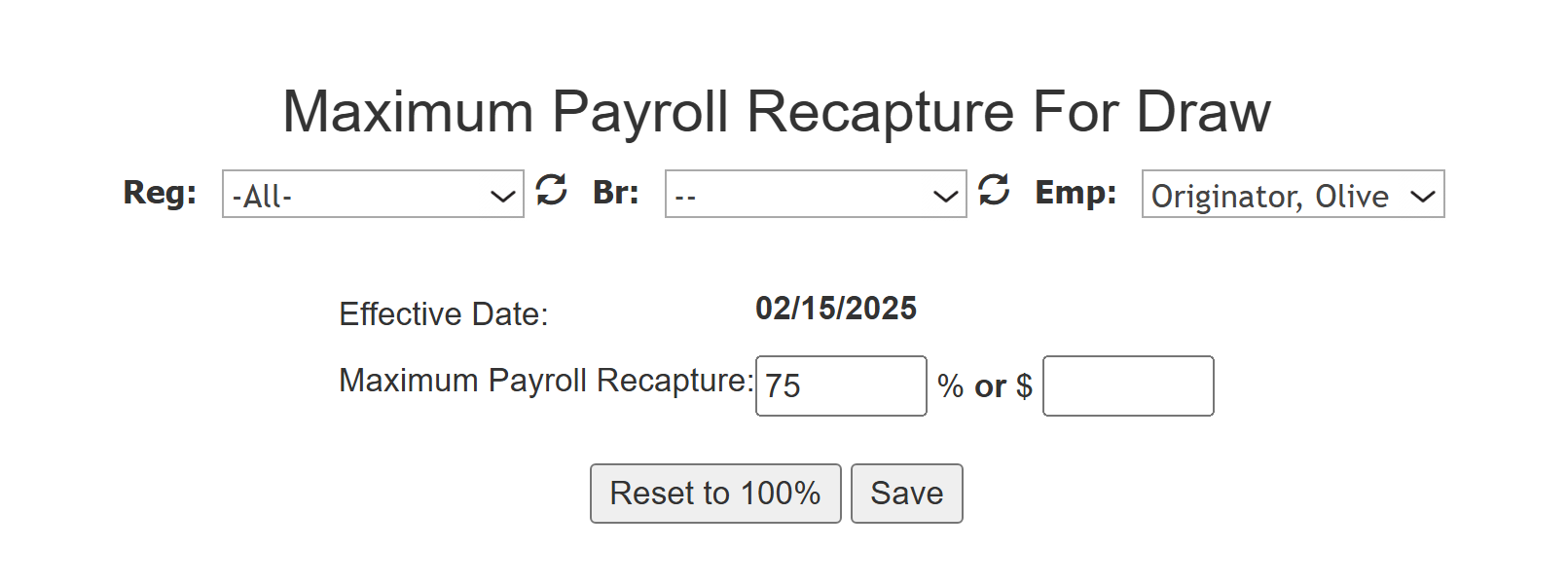 Maximum Payroll Recapture For Draw tool with an example maximum of 75%.
