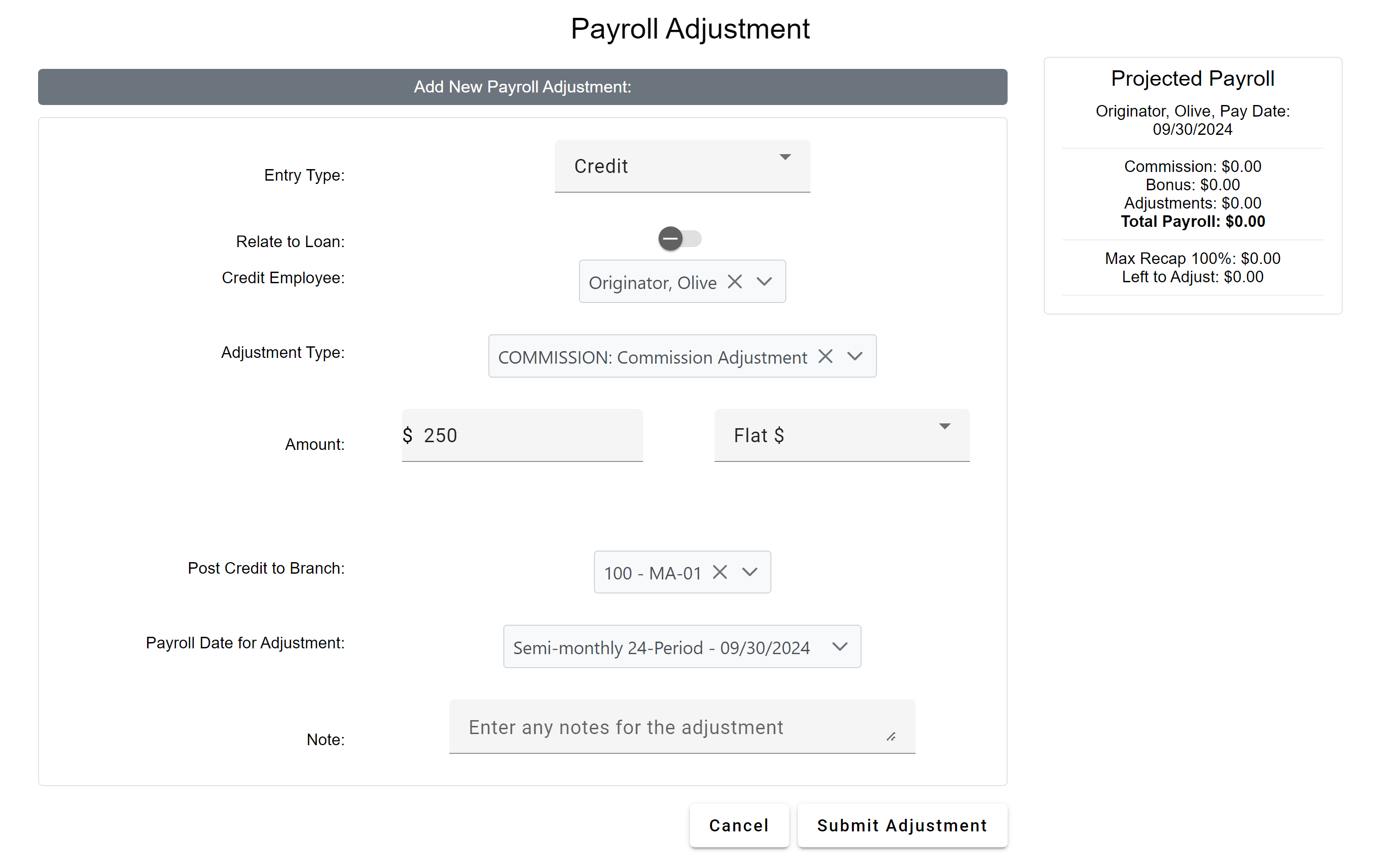 Example Payroll adjustment on the Payroll Adjustment entry screen