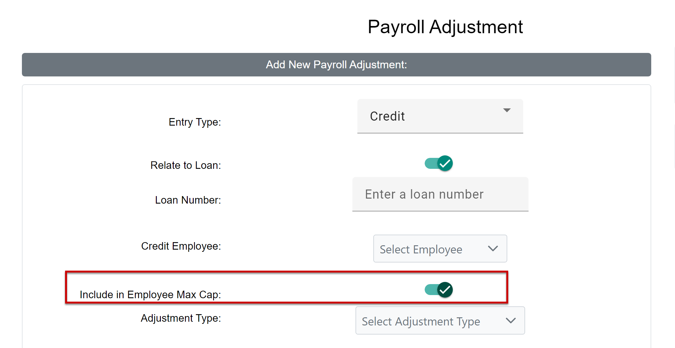 Payroll Adjustment builder tool with the "Subject to Employee Max Cap" option highlighted