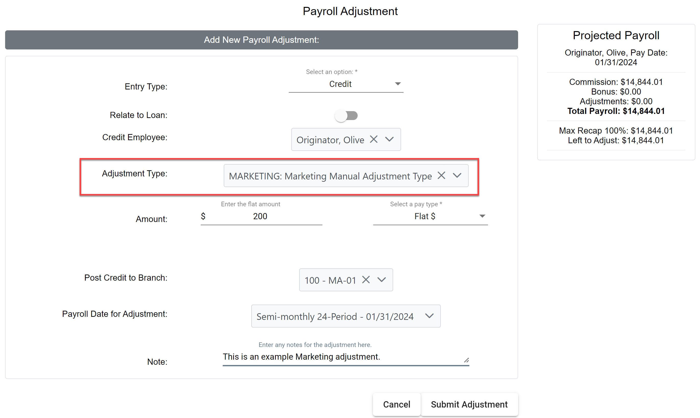 Payroll adjustment screen with the Adjustment Type field highlighted and a Marketing Adjustment Type selected