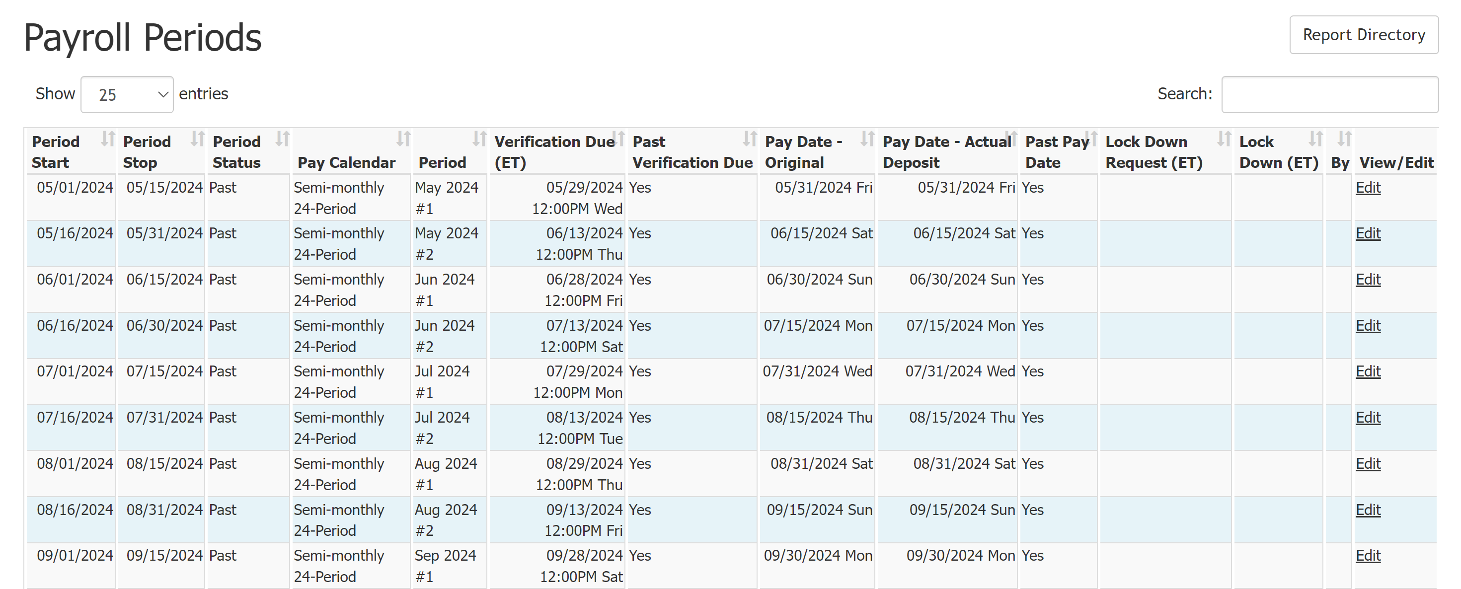 Payroll Periods report with example payroll periods information.