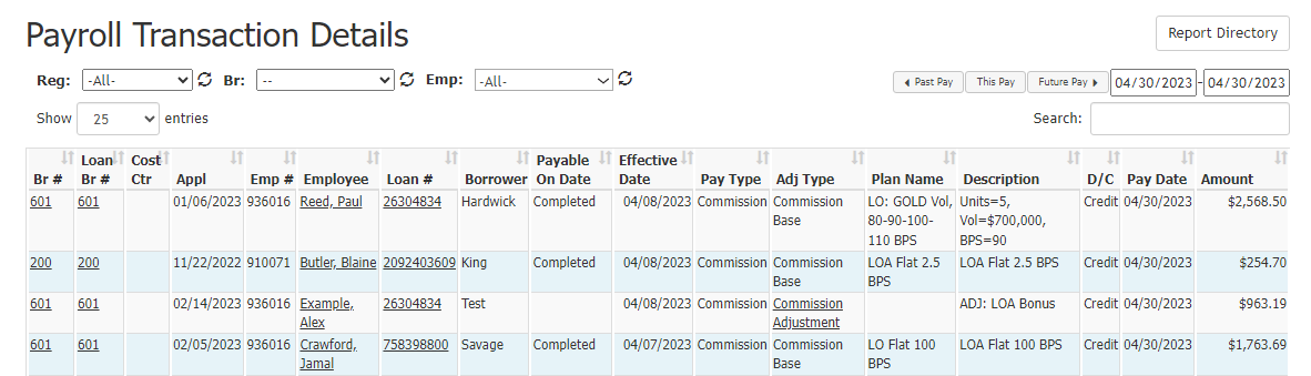 Payroll Transaction Details report with example data. Columns are described below.