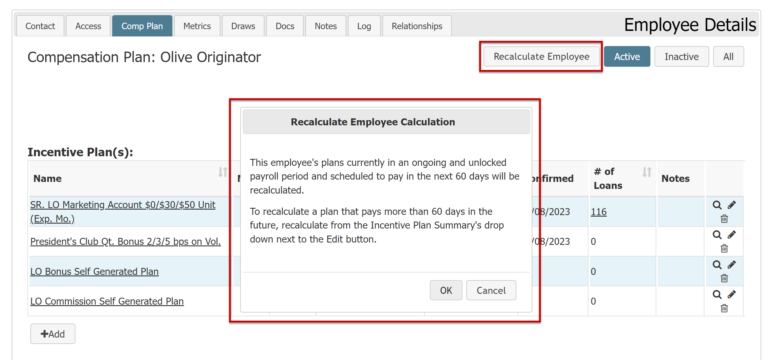 Comp Plan tab of the Employee Details screen. The "Recalculate Employee" button and related dialog box are highlighted.