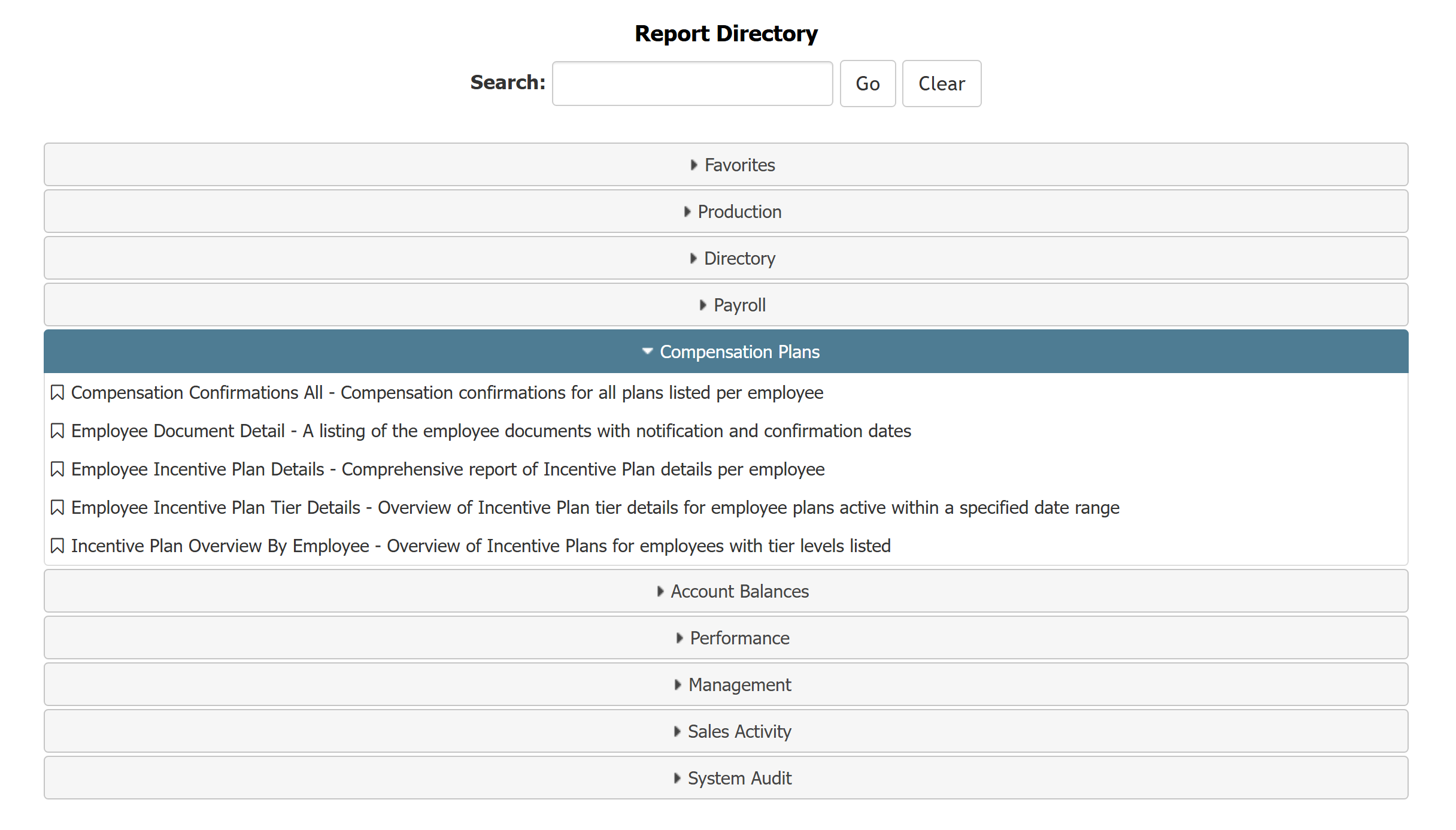 Branch Manager view of the Report Directory. The Compensation Plans section is expanded.