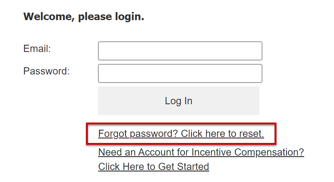 Section of the login screen. The link to reset a passward is highlighted