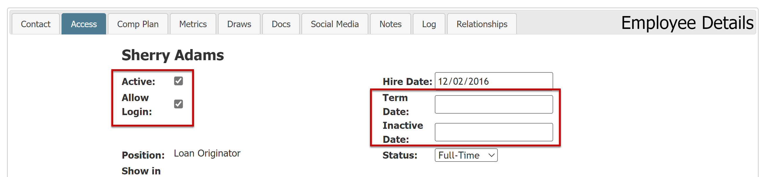 Example employee details access tab. Active, Allow Login, Term Date, and Inactive Date are highlighted.