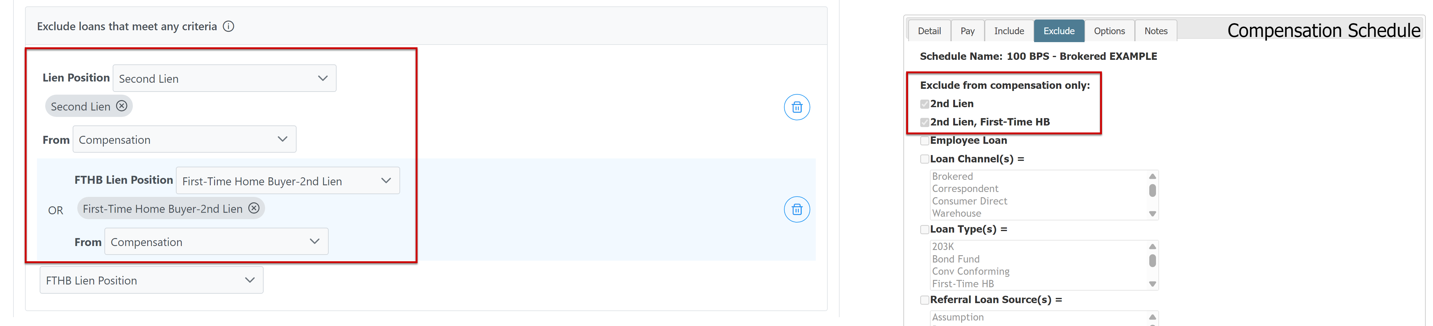Exclude section (left) and the Exclude tab on the Compensation Schedule builder (right).