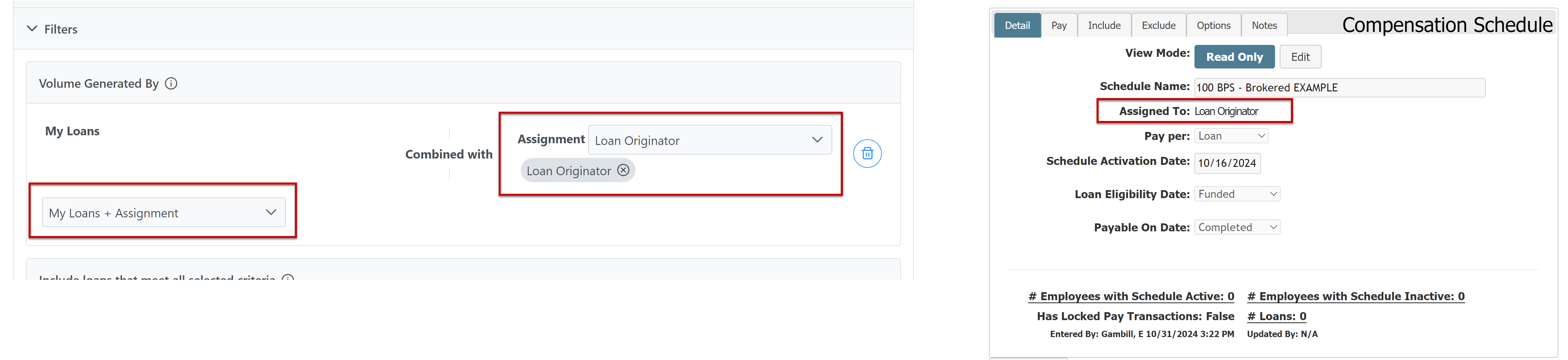 Volume Generated By section (left) and the corresponding information on the Compensation Schedule Builder (right).