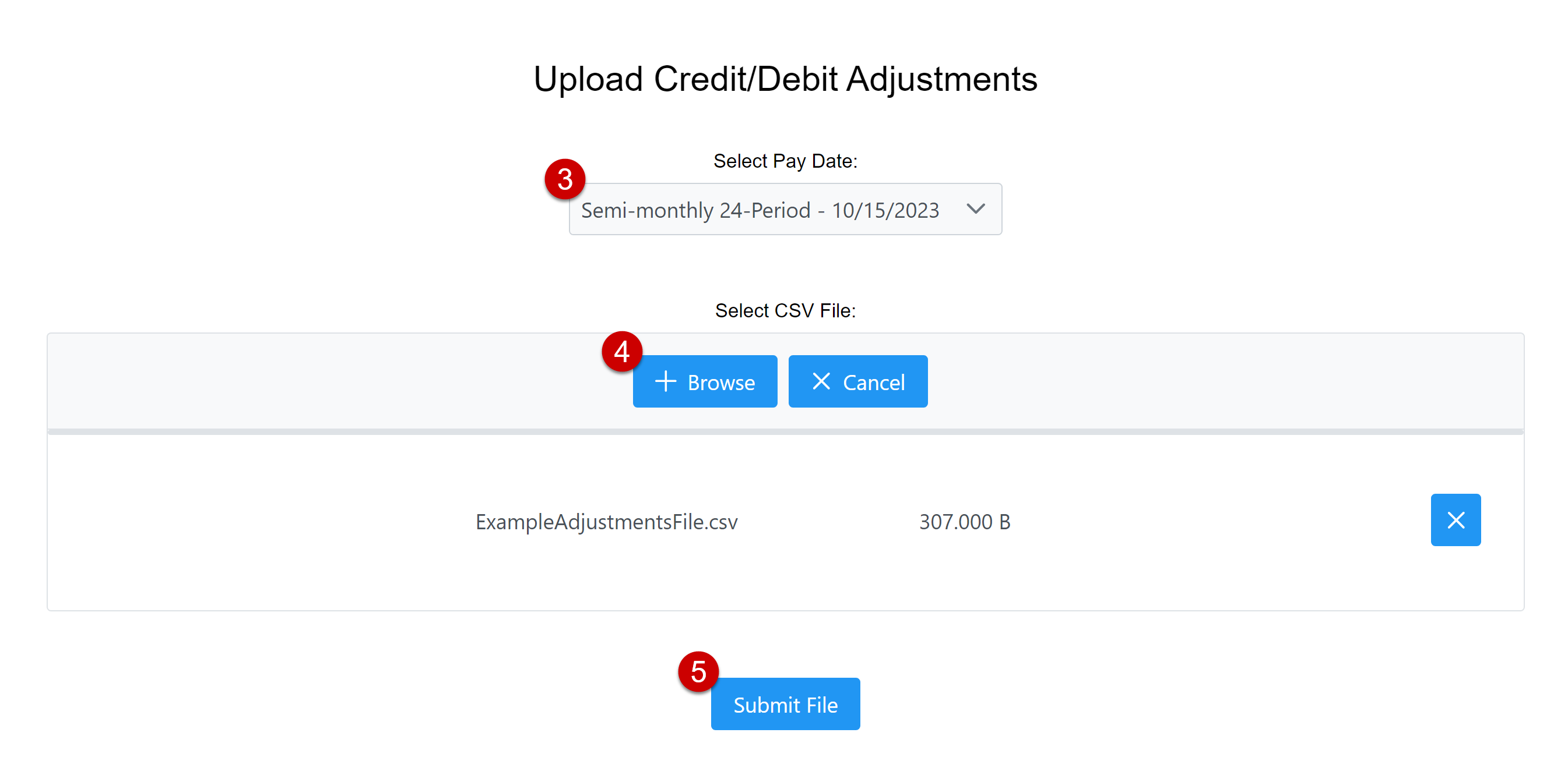 Upload Credit/Debit Adjustments tool, numbered as follows: 3. Select Pay Date dropdown, 4. +Browse button, 5. Submit File button.