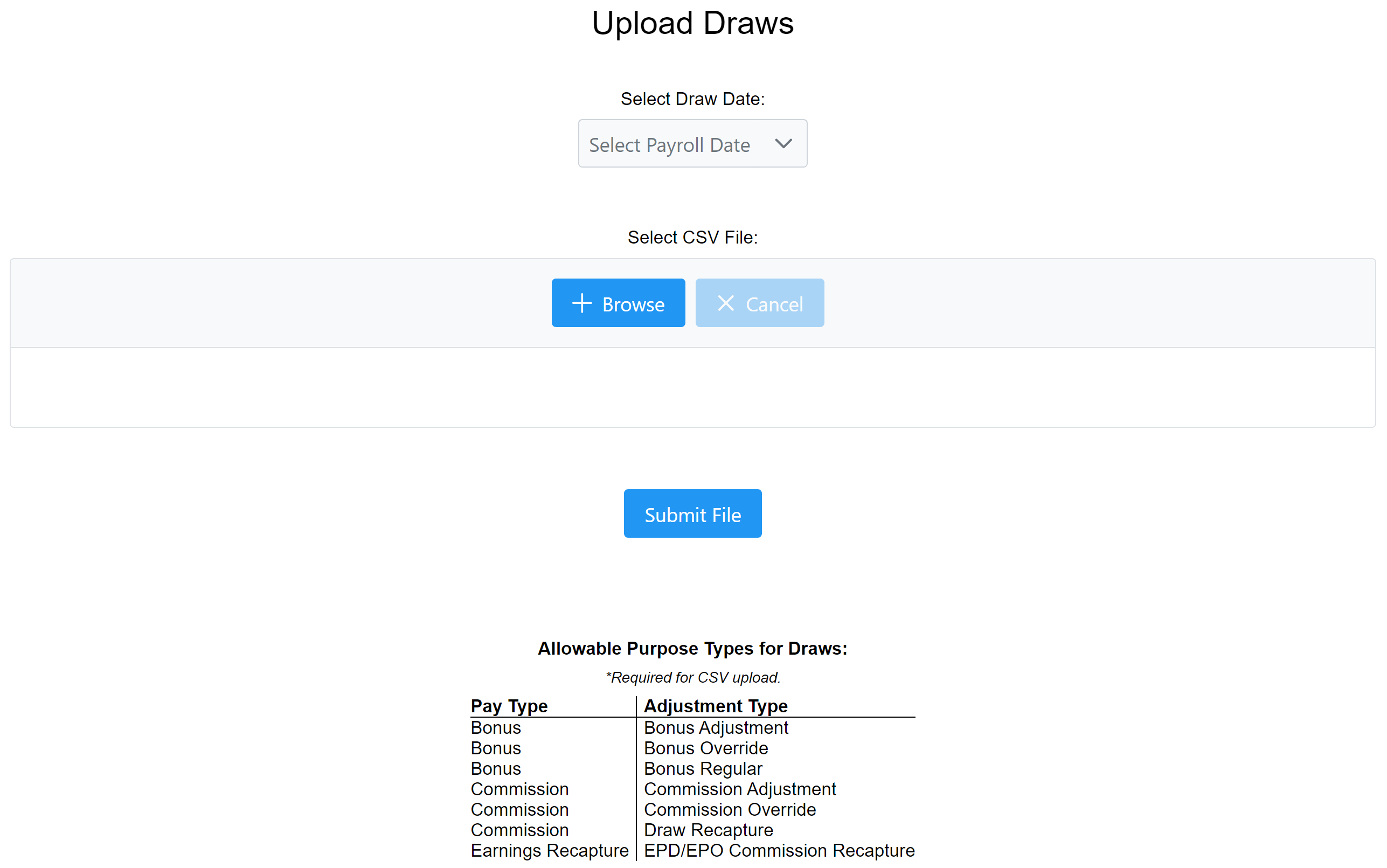 Upload Draws Tool, including a list of allowed adjustment types.