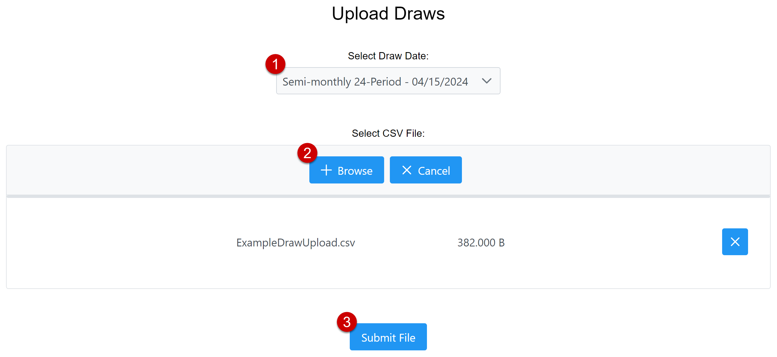 Upload draw tool with numbered steps.