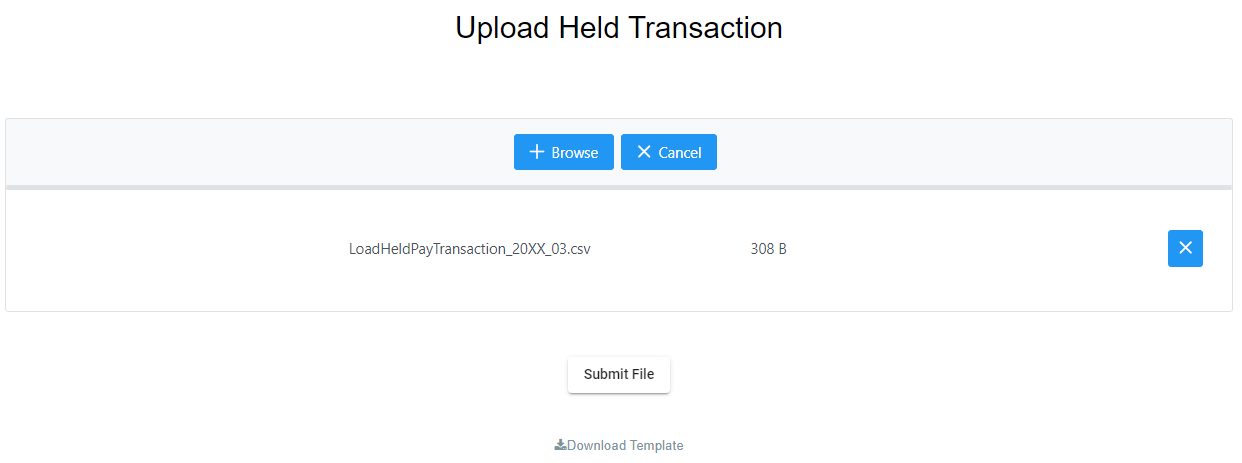 Upload Held Transaction page showing an example file uploaded.