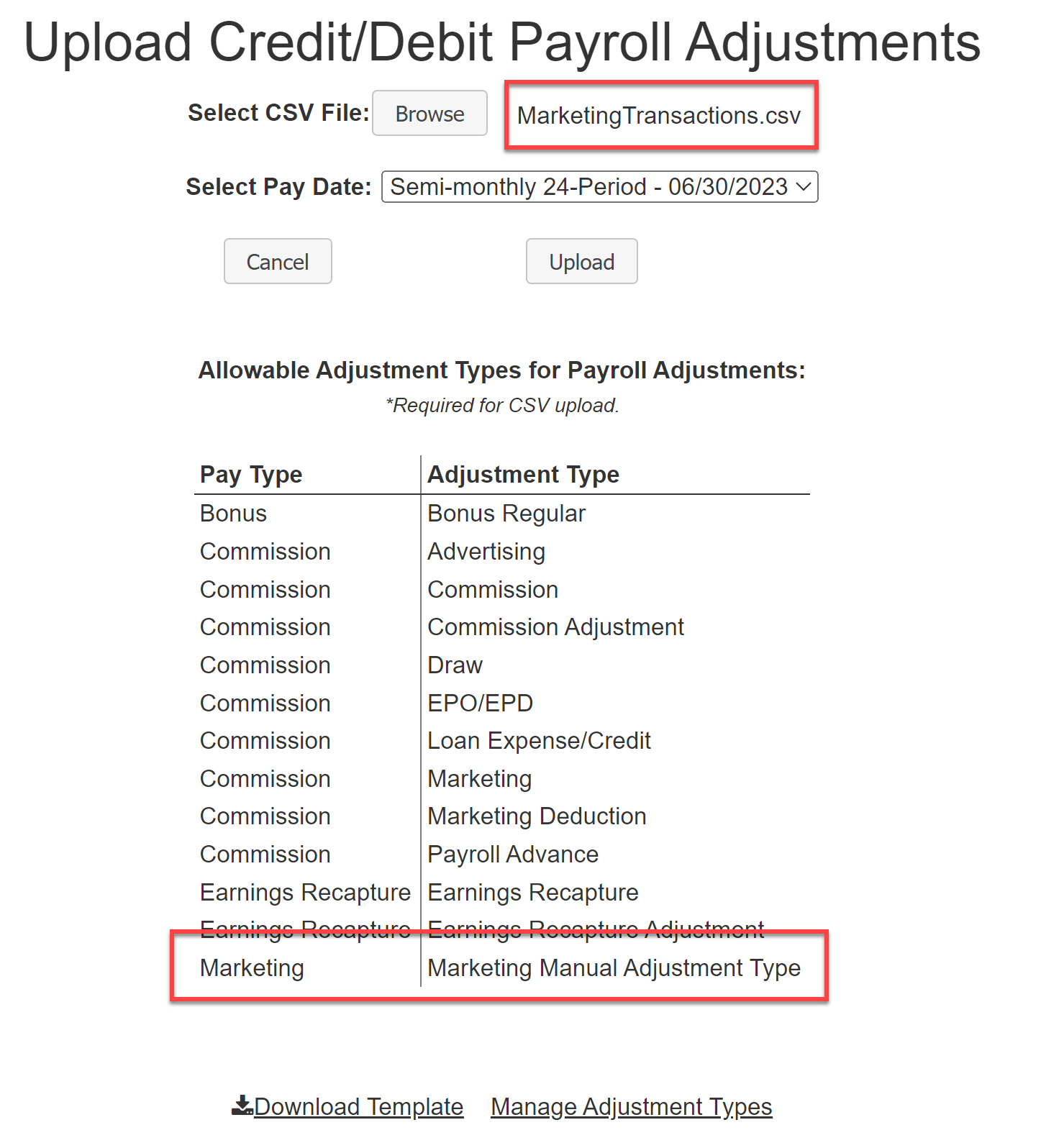 Upload Payroll Adjustments screen, with a Marketing Transactions file about to be uploaded, and the Marketing pay type highlighted in the "Allowable Adjustment Types" list.