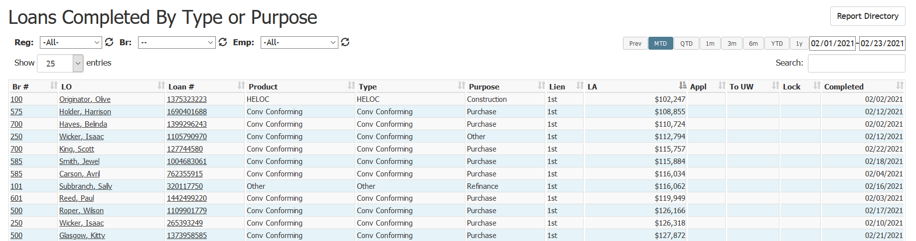 Loans Completed by Type or Purpose report with example data. Column descriptions are below.