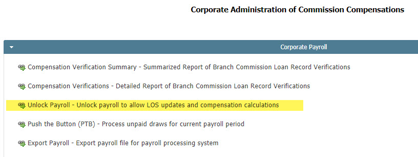 Coporate Payroll section of the Corporate Admin menu. The "Unlock Payroll" link is highlighted.