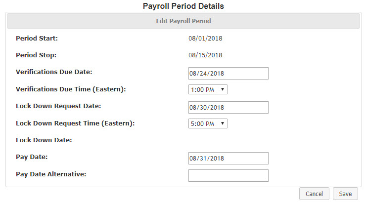 Payroll Period Details page with example data. The user has input a date and time for both Verifications Due and Lock Down Request.