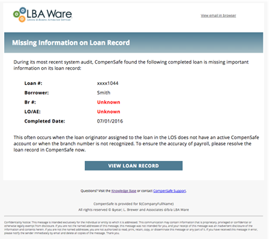 Missing Information on Loan Record Email